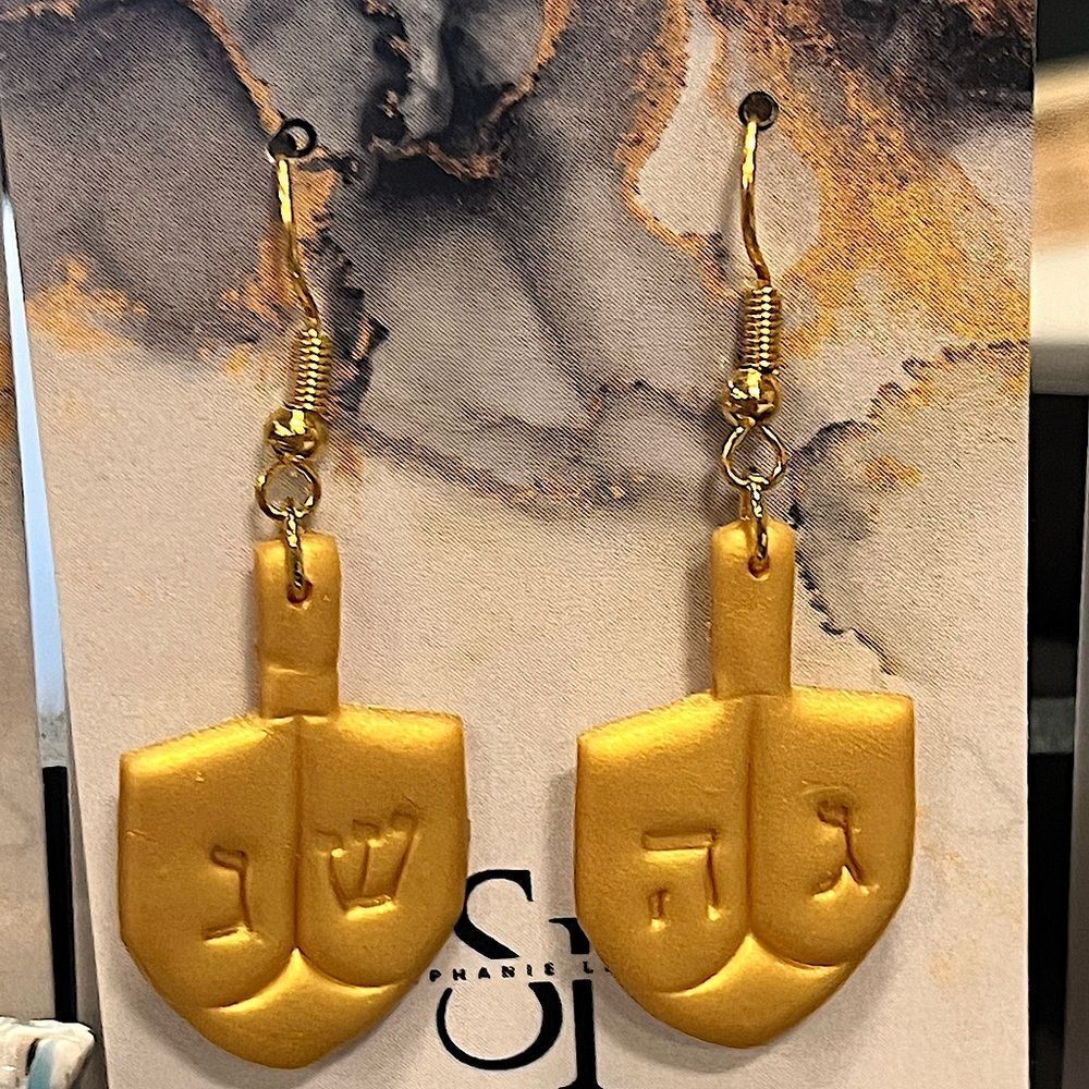 NEW Gold Hanukkah Dreidel Polymer Clay Dangle Earrings